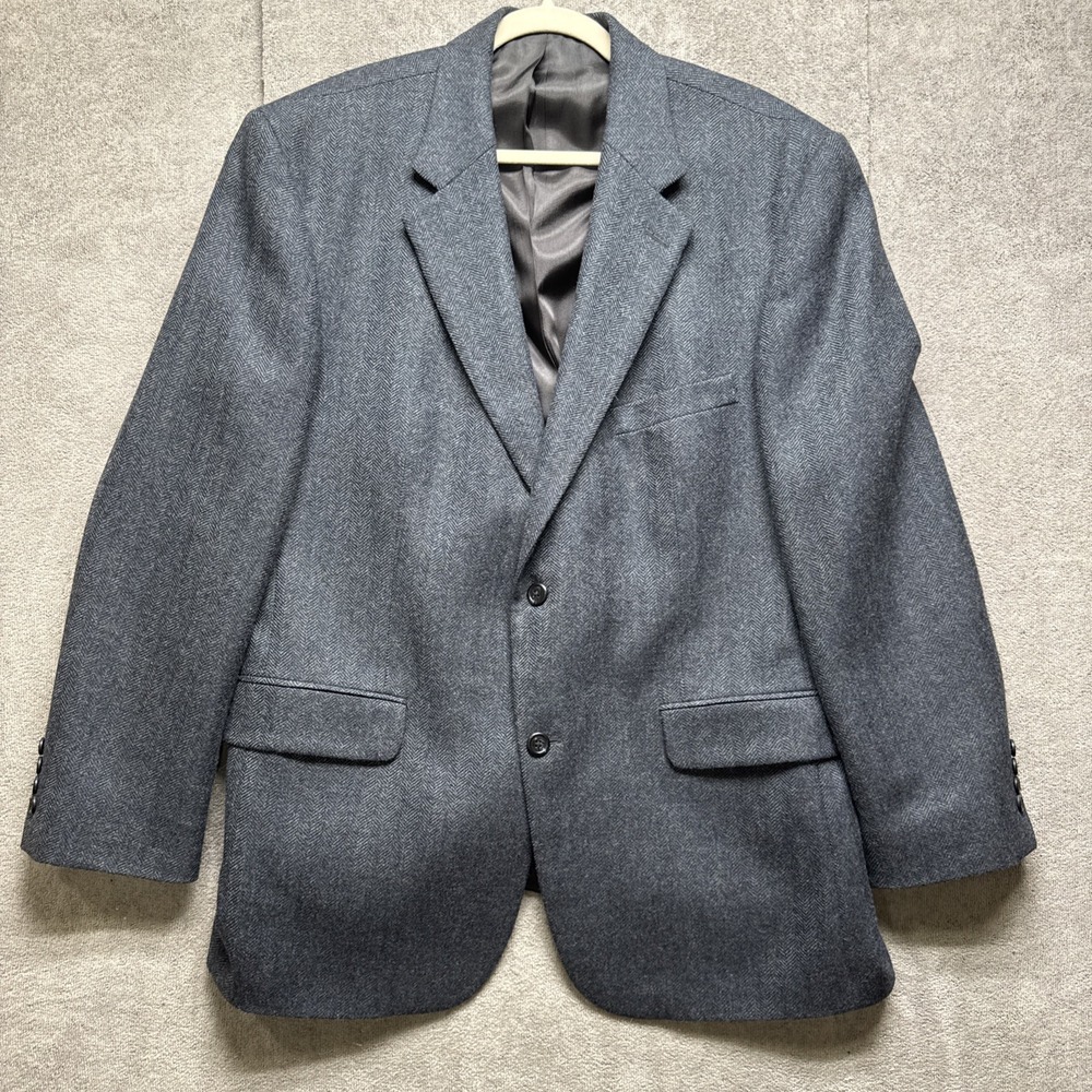 Lands End Blazer Mens 43R Blue Herringbone 100% Lambswool Sport Coat 2 Button